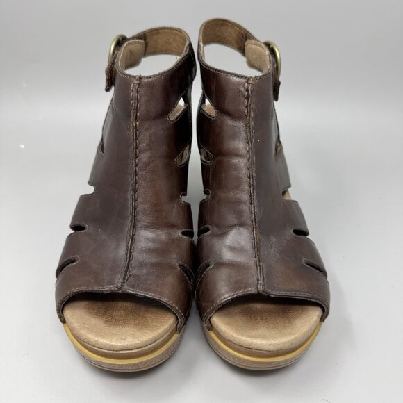 Dansko Sandals Womens 38 7.5-8 Brown Demetra Peep Toe Platform Heels Leather - Picture 4 of 9
